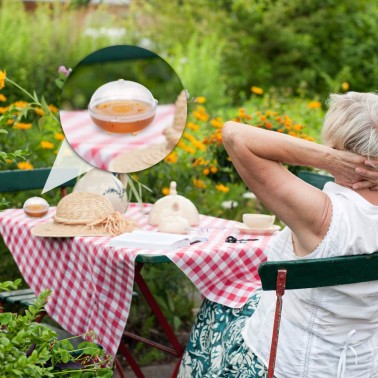 Trappola per vespe su tavolo da picnic in giardino